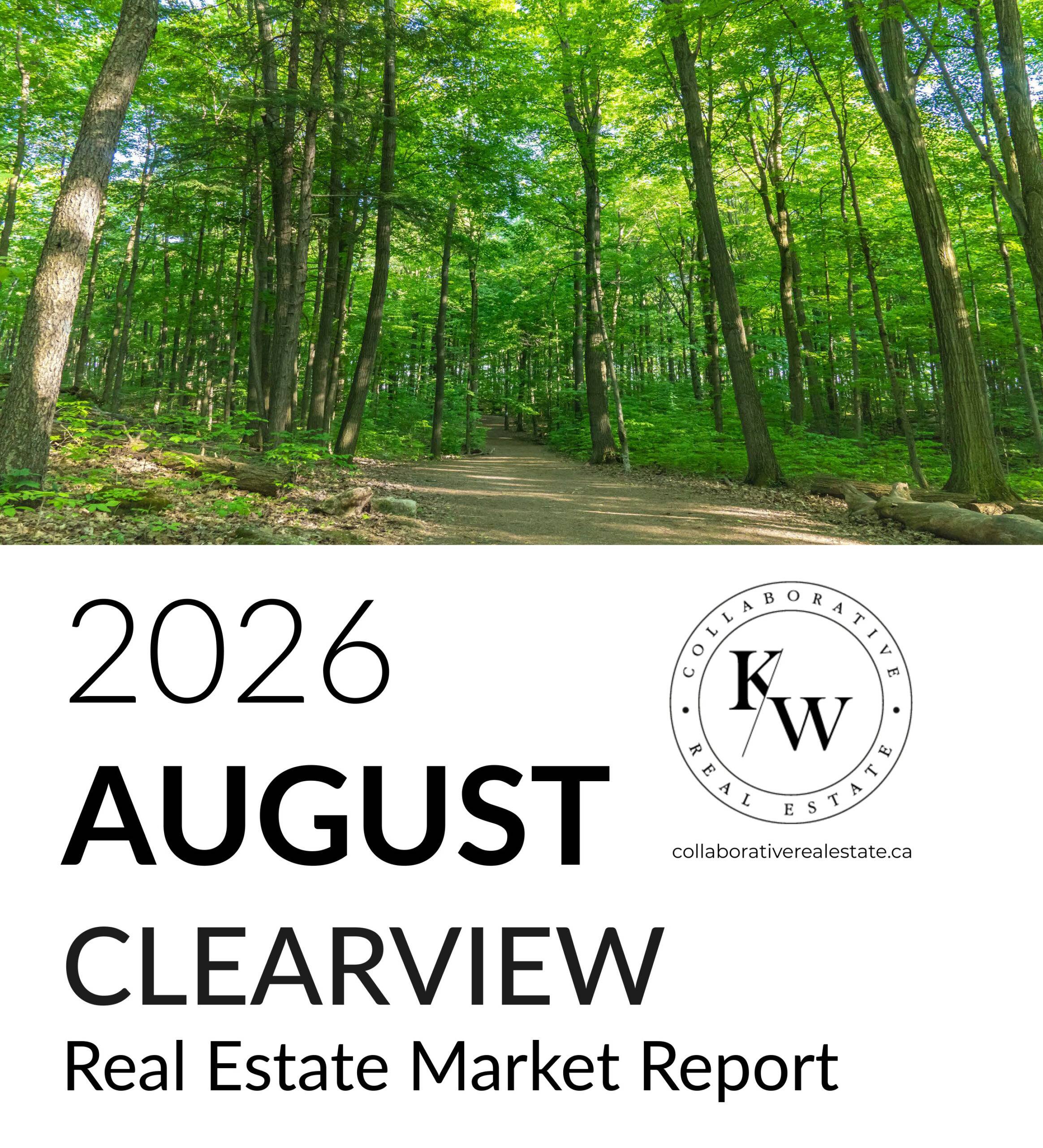 August 2026 Clearview real estate market report from KW Collaborative Real Estate, featuring a scenic forest trail in Clearview, Ontario.