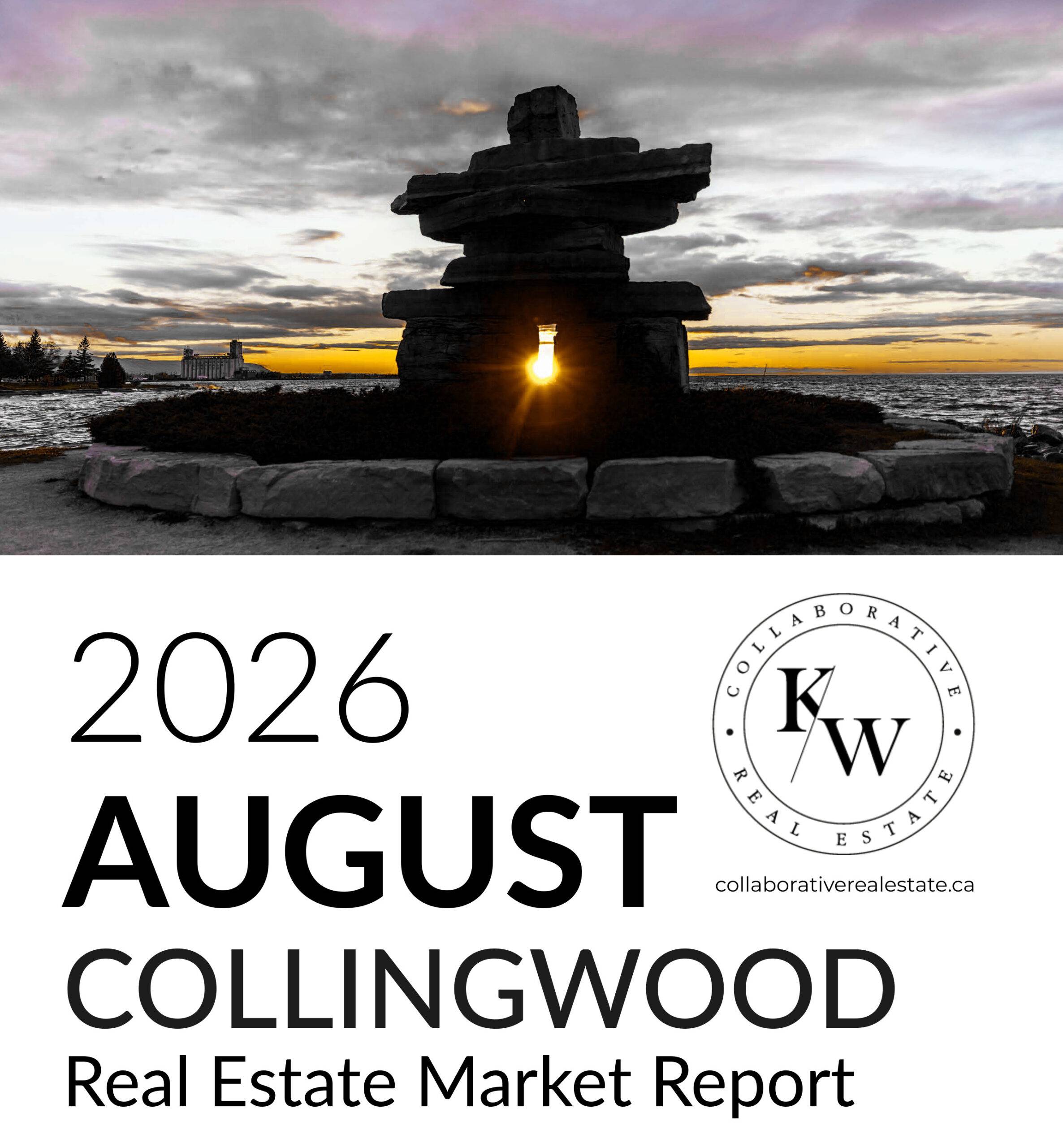 August 2026 Collingwood real estate market report from KW Collaborative Real Estate, featuring the Collingwood Inukshuk overlooking Georgian Bay.
