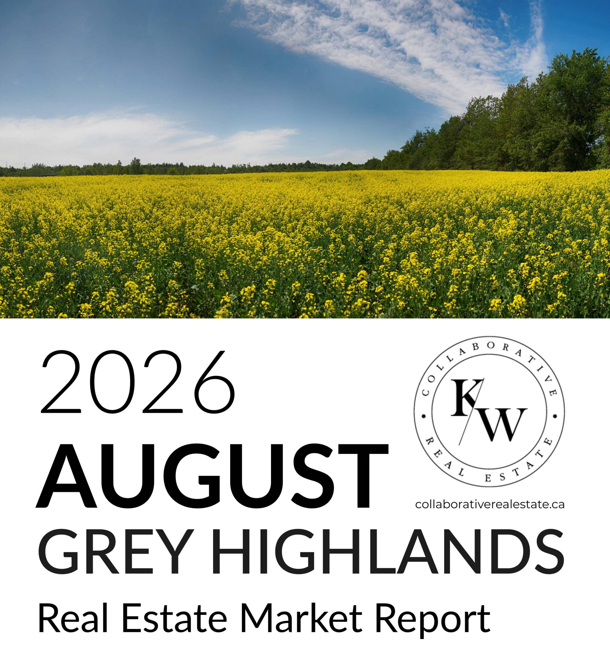 August 2026 Grey Highlands real estate market report from KW Collaborative Real Estate, featuring a rural field and countryside landscape.