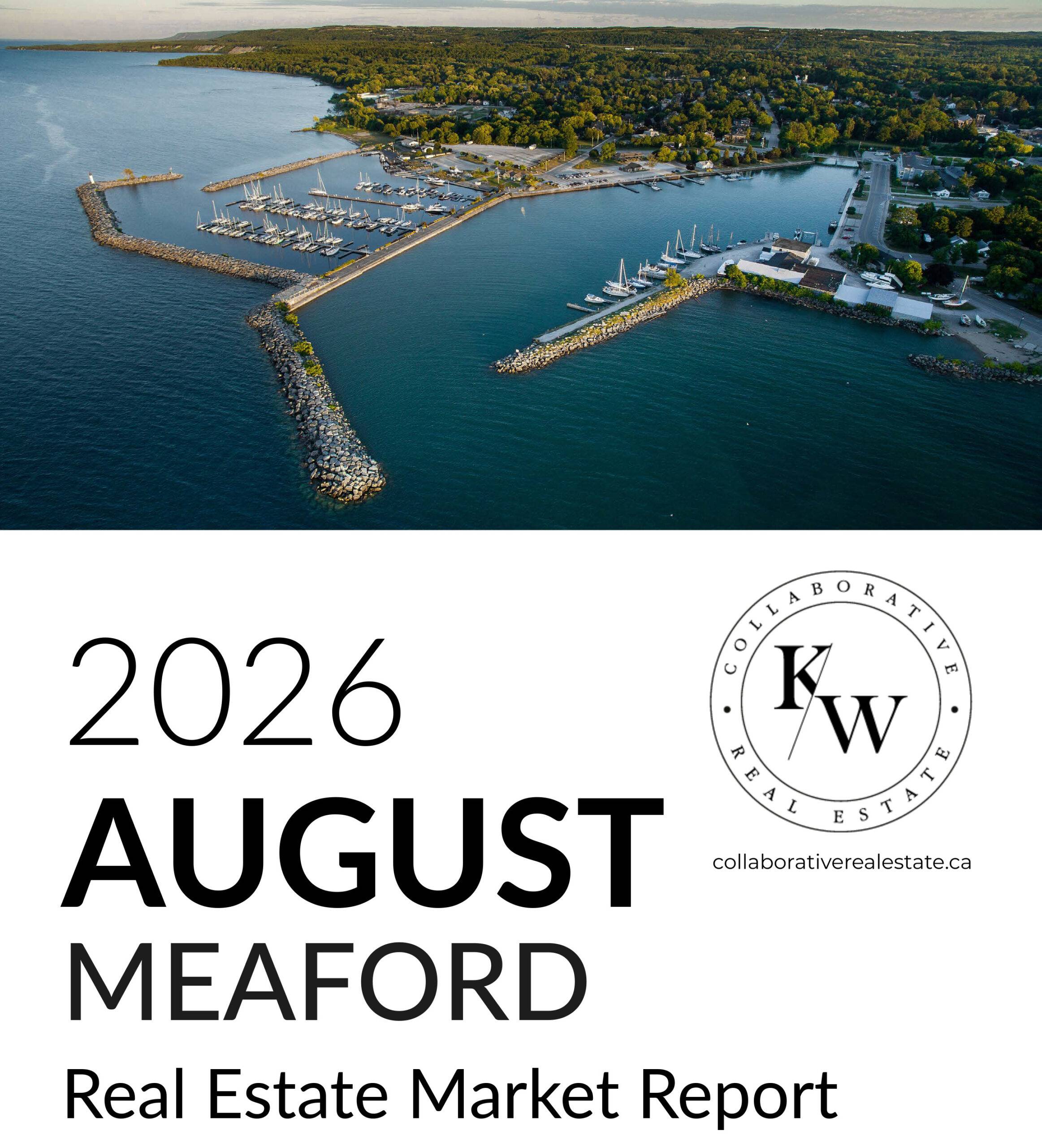 August 2026 Meaford real estate market report from KW Collaborative Real Estate, featuring an aerial view of Meaford Harbour and Georgian Bay.