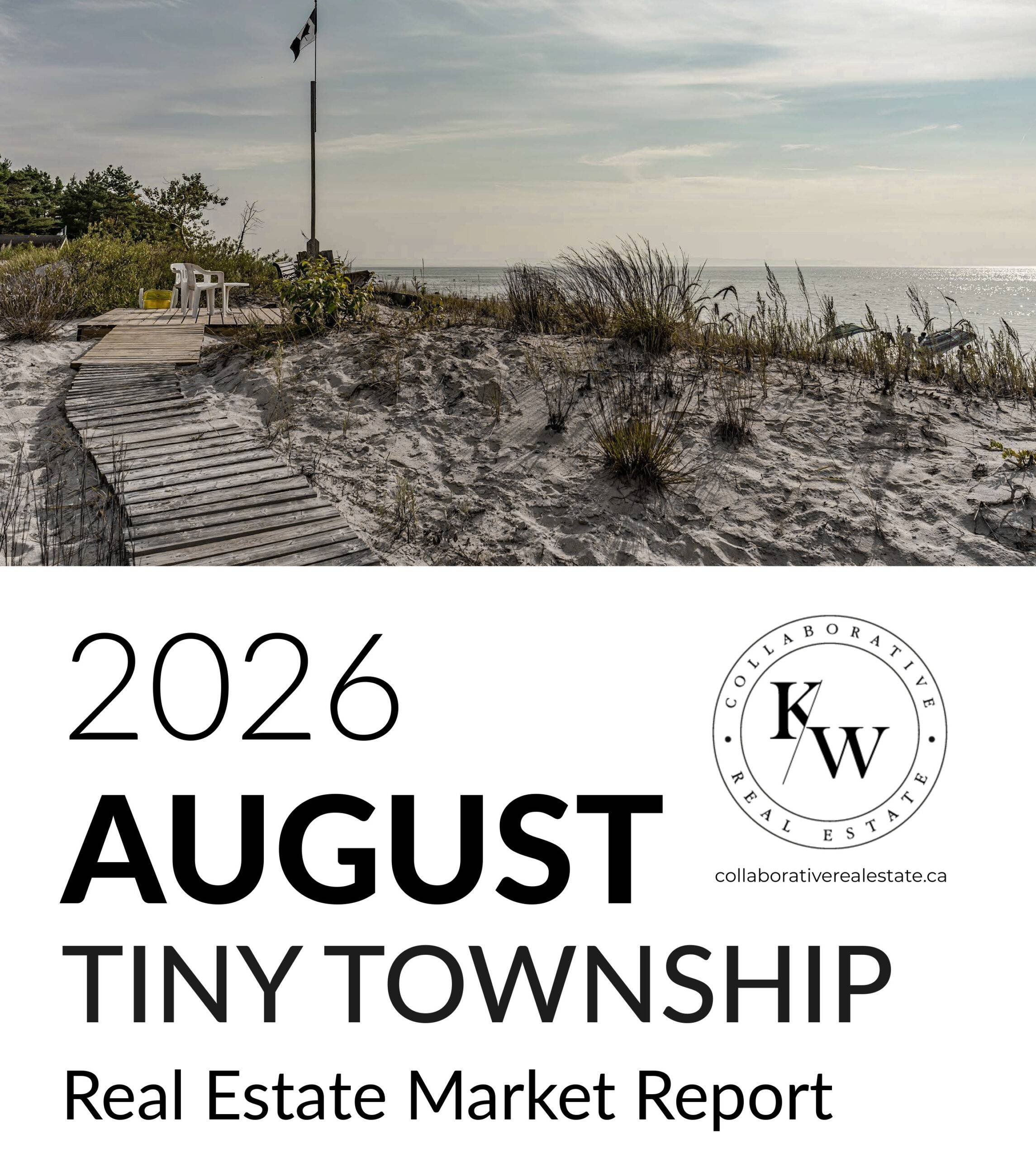 August 2026 Tiny Township real estate market report from KW Collaborative Real Estate, featuring a sandy Georgian Bay beach and waterfront boardwalk.